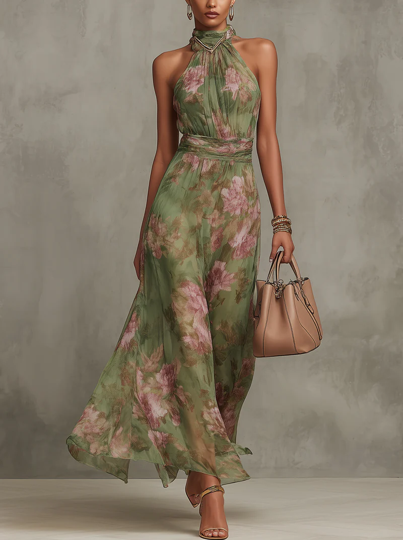 Livie | Maxikjole med blomsterprint og halterneck