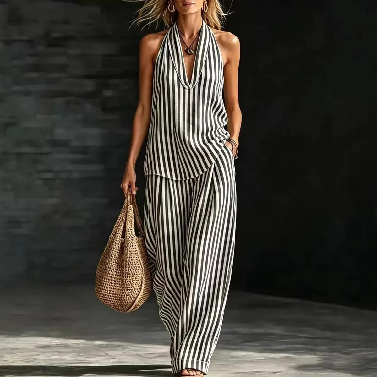 Sofía | Ensemble haut licou et pantalon large à rayures